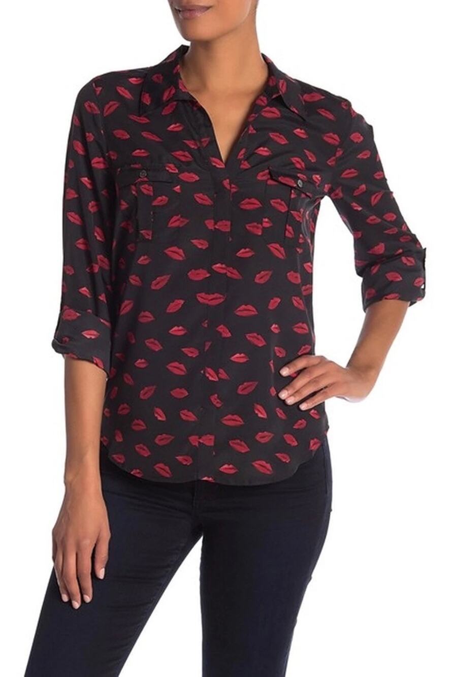 Joie Booker Kiss Lip Print Black Red Button Down Size Small